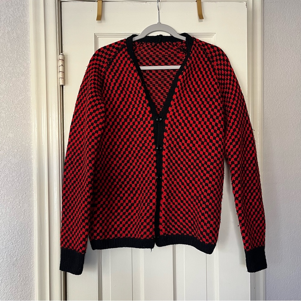 Vintage Wool Red and Black Checkered Cardigan